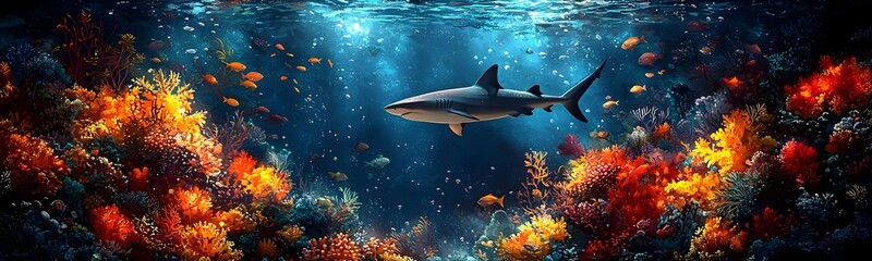 Fototapeta premium Dramatic Coral Reef With Glowing Branches and Silhouetted Shark in Colorful Underwater Scene