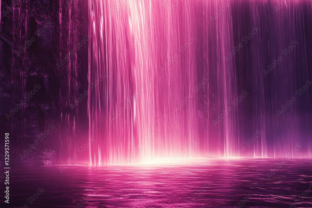 Poster surreal pink waterfall cascading into a tranquil pool, illuminated by an ethereal glow.