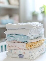 Neatly folded baby clothes and diapers in a pastel-toned nursery.