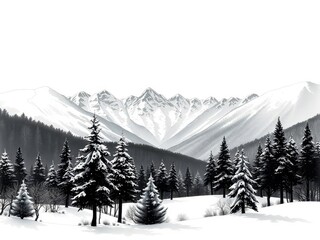  Crisp Winter Landscape in Ink Painting with Snow Covered Trees and Mountains