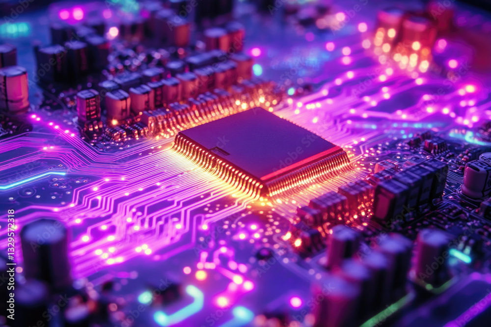 Poster close-up of a vibrant illuminated circuit board showcasing a central processor.