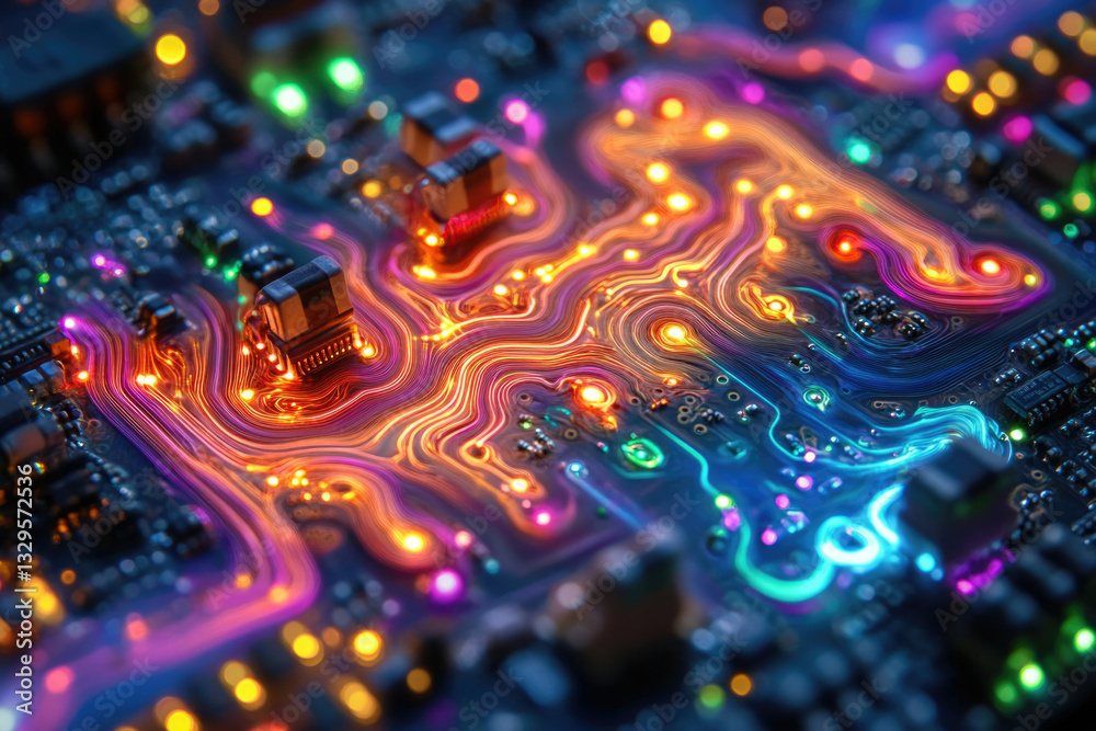 Poster close-up of a circuit board with vibrant, flowing light trails illustrating complex electronic pathw
