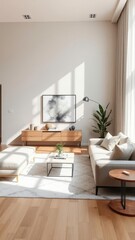 Fototapeta premium Cozy Modern Apartment Living Room with Neutral Tones and Sleek Furniture