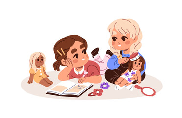Happy little girls with toys have fun, play on the floor together. Cute children comb doll, drawing in notebook. Joyful kids writing in a diary. Flat isolated vector illustration on white background.