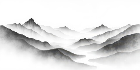  Serene Mountain Landscape in Ink Painting with Soft Grayscale Tones