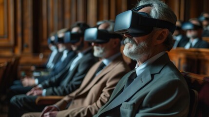 Virtual reality trial experience in a courtroom setting with judges and jurors participating using VR headsets