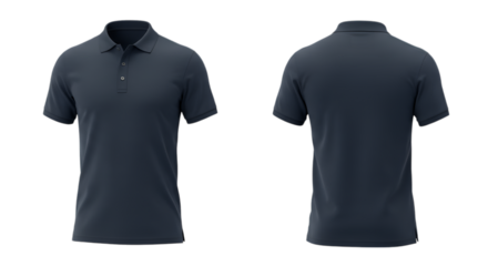 Realistic navy blue polo shirt mockup with front and back view on a transparent background