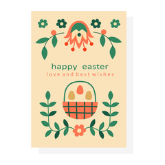  Easter scandi card template with basket and eggs. Hand-drawn vector illustration in flat style.