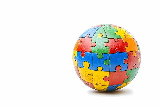 3D globe made of jigsaw puzzle pieces in red, blue, yellow, and green on a white backdrop, representing autism awareness and global connection