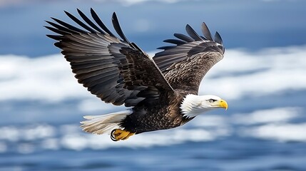 Obraz premium Aerial view of a bald eagle soaring over ocean waves nature photography and wildlife freedom