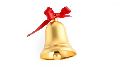  Elegant Golden Christmas Bell with Red Ribbon, Isolated on White Background in 3D for a Festive Holiday Look