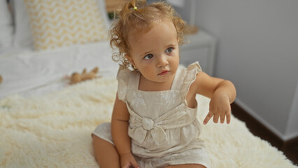 Fototapeta premium Adorable toddler girl with blonde hair sitting on a bed in a cozy bedroom, showcasing a cute childhood moment in a warm indoor home environment