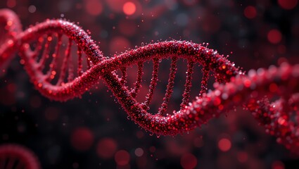 Obraz premium Close-up of a vibrant red DNA strand against a blurred background, symbolizing genetic research and molecular biology.