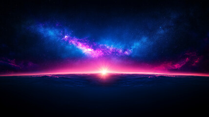 Naklejka premium stunning cosmic landscape featuring vibrant nebula and stars, with radiant sunrise illuminating horizon. colors blend beautifully, creating sense of wonder and tranquility