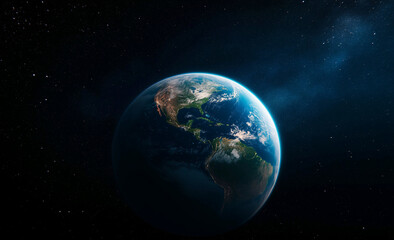 Obraz premium Earth viewed from space, showcasing North and South America with vibrant colors and starry background. image evokes sense of wonder and beauty of our planet