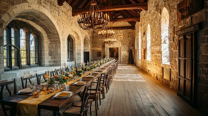 Naklejka premium Wedding banquet hall set in a vintage castle, stone walls, medieval chandeliers, long banquet tables with golden table runners, grand and historic vibe, oil painting effect