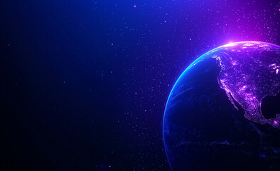 Earth viewed from space, showcasing North and South America with cosmic background. vibrant colors and starry atmosphere evoke sense of wonder and exploration