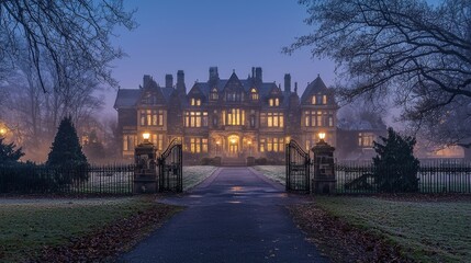 Obraz premium Gothic mansion surrounded by mist, broken windows, creaking iron gates, dead trees lining the pathway, pale moonlight illuminating the rooftop