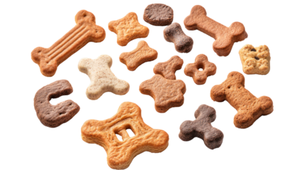 Variety of colorful dog biscuits arranged on a white background, ideal for pet treat themes.