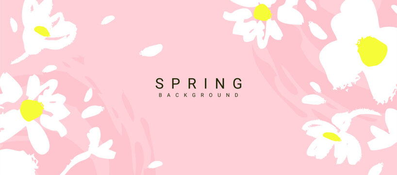 Abstract pink background with white flowers. Floral pattern for card, banner, poster.  Trendy vector illustration for decoration and greetings on Mother's Day, Women's Day, birthday, Easter  - Powered by Adobe