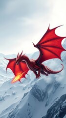  Red dragon with massive wings flying over an ice covered mountain range