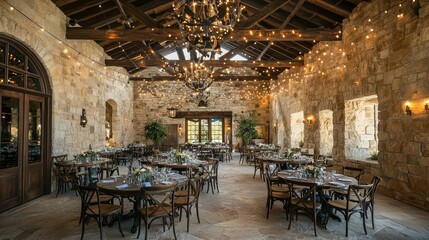 Naklejka premium Rustic wedding banquet hall with wooden beams, stone walls, fairy lights overhead, vintage tableware, cozy and romantic atmosphere