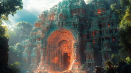 a grand ancient stone structure emerges from a lush jungle, its weathered facade hinting at forgotten secrets, a majestic gateway leading into the unknown.
