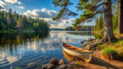 Fototapeta premium Canoe on the shore of the Boundary Waters in northern Minnesota, tree, wildlife, tree,wildlife,boundary waters,outdoors,lakes