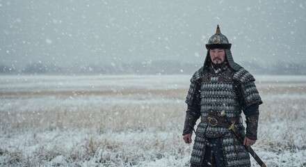 Naklejka premium A Mongolian warrior man wearing a typical Mongolian outfit, standing in the snow.
