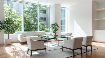 Modern living room design urban space glass table focus natural light contemporary style