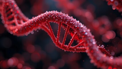 Close-up view of a vibrant red DNA helix, showcasing intricate details and molecular structure, symbolizing genetic research and discovery.