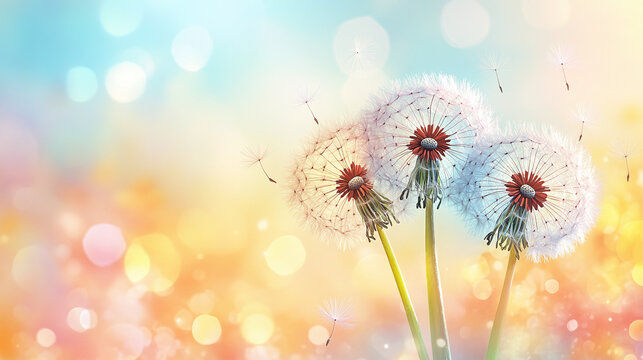 Dandelion with flying seeds on white background. Flower hope, comfort. Represents condolence card, grief, loss, funerals, support, remembrance, solace. Single dandelion evokes sympathy, healing