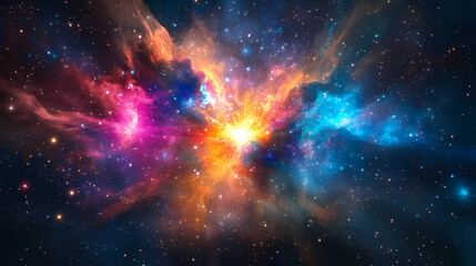 Cosmic explosion with bright colors and multicolored sparks amidst a dark nebula background, sparks, galaxy, bright colors. Cosmic Sparks. Illustration