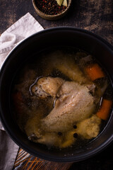 Chicken broth soup or bouillon in pan