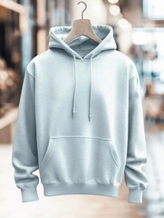 A white hoodie is hanging on a rack