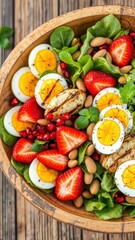  Summer Salad with Grilled Chicken, Boiled Eggs, Strawberries, and Pomegranate in a Wooden Bowl