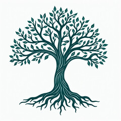 A stylized tree with deep teal branches and roots intertwining, symbolizing balance, growth, and connection.