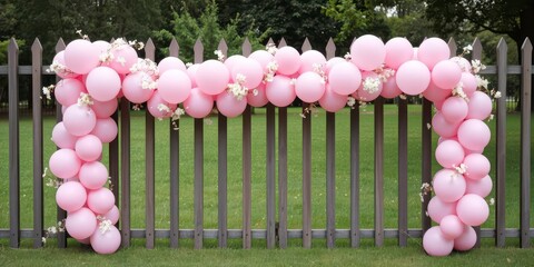 Obraz premium Pink Balloon Garland Wrapped Around a Fence with Delicate White Flowers
