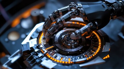 Fototapeta premium Futuristic robotic hand interacting with a quantum.