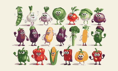 Modern vector-style illustration featuring anthropomorphic vegetables with expressive faces and limbs, easily editable.