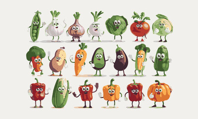 Modern vector-style illustration featuring anthropomorphic vegetables with expressive faces and limbs, easily editable.