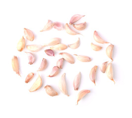 Thai garlic, garlic cloves on white background top view