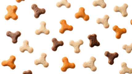Colorful assortment of dog treats in various shapes and flavors on a white background.