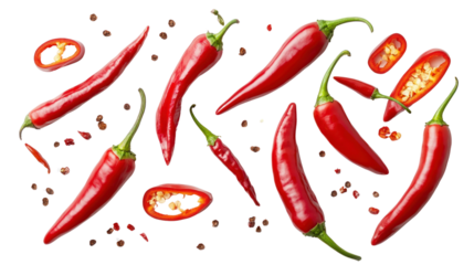 Fresh red chili peppers scattered on a white background, showcasing vibrant colors and various shapes.