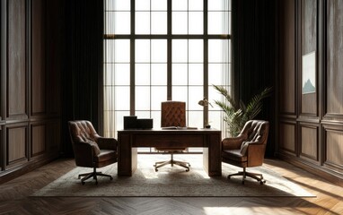 Fototapeta premium Dark Brown Office Interior with Large Window Wood Desk Leather Chairs and Sunlit Rug