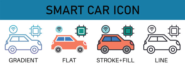 Obraz premium Vector set of AI-powered smart car icons in gradient, flat, stroke fill, and line styles. Represents automotive AI, autonomous vehicles, and digital mobility for transportation and innovation designs.