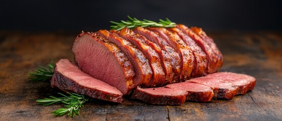 Sliced Rosemary Roasted Beef on Wooden Board