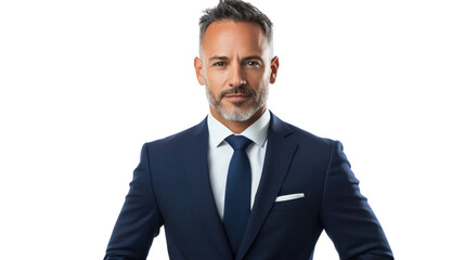 Confident businessman in a suit, standing with a serious expression, isolated on a white background.