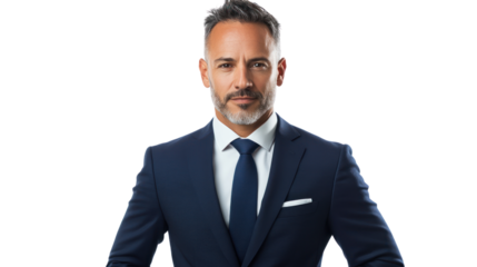 Confident businessman in a suit, standing with a serious expression, isolated on a white background.