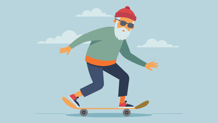 Fototapeta premium A man in his 70s sporting a skater beanie and sunglasses effortlessly carving through the concrete bowl.. Vector illustration